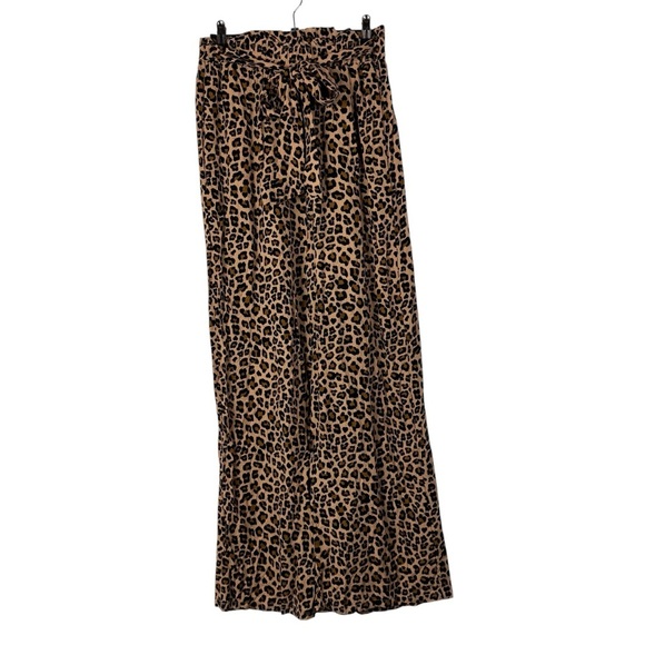Boutique Brown Leopard Animal Print Viscose Wide Leg Paperbag Pants M - Picture 1 of 3